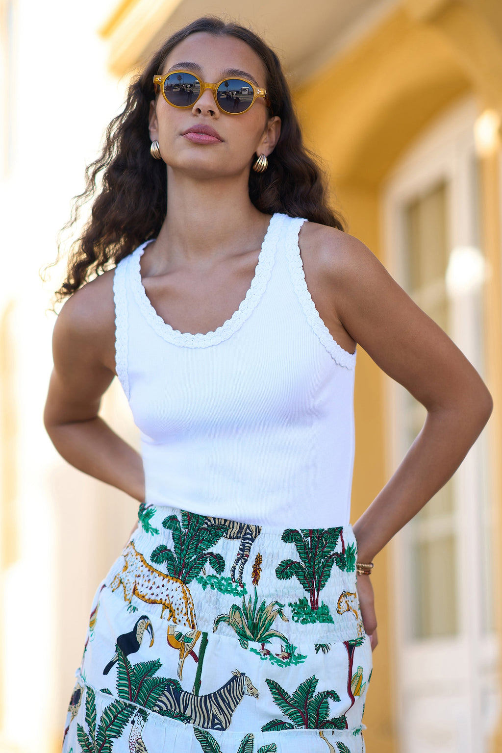 Yumi White Crochet Trim Cotton Stretch Vest Top