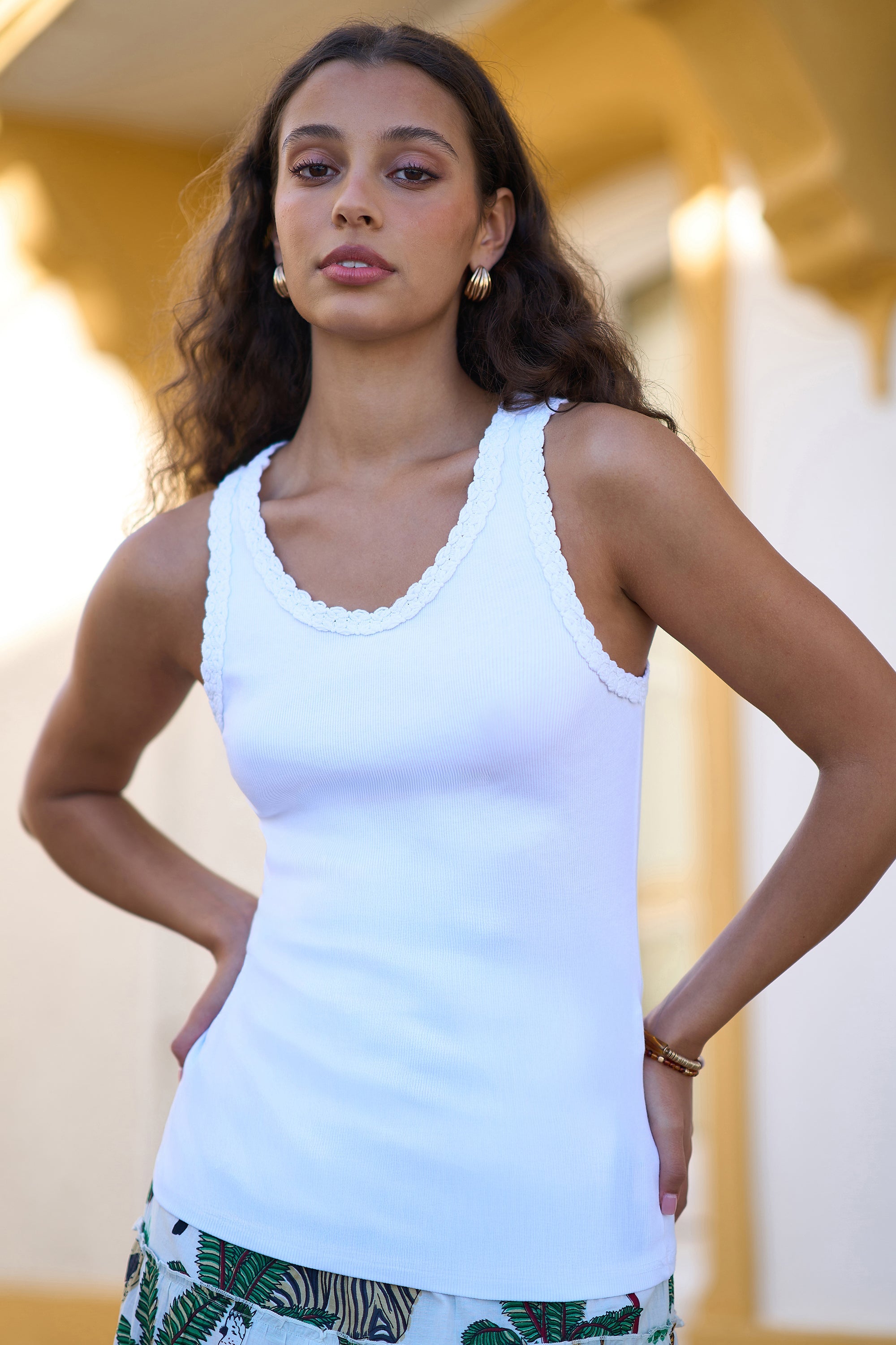 Yumi White Crochet Trim Cotton Stretch Vest Top