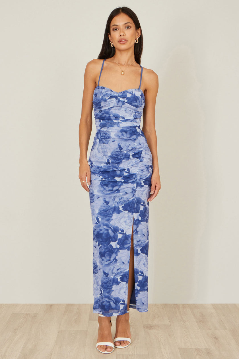 Yumi Blue Mesh Ruched Midi Dress With Split