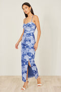 Yumi Blue Mesh Ruched Midi Dress With Split