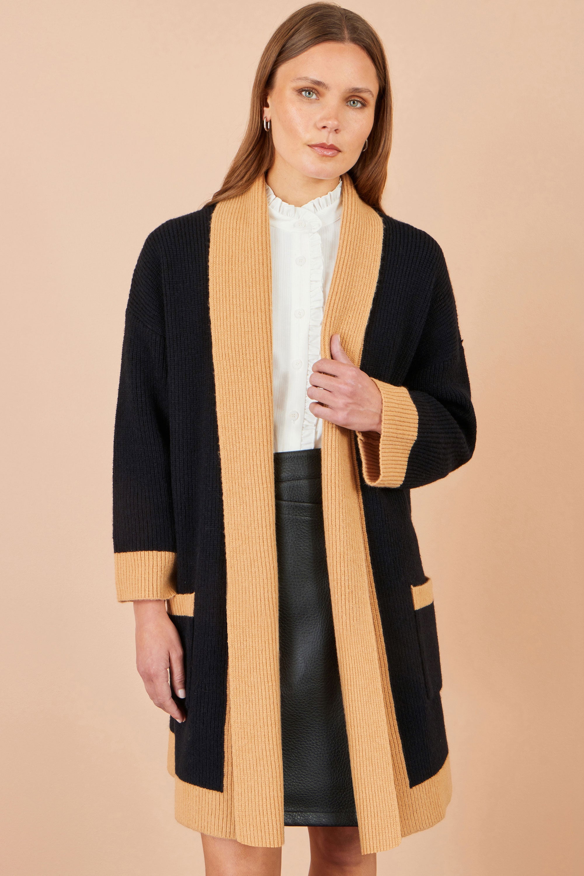 Yumi Black Open Cardigan With Contrast Border