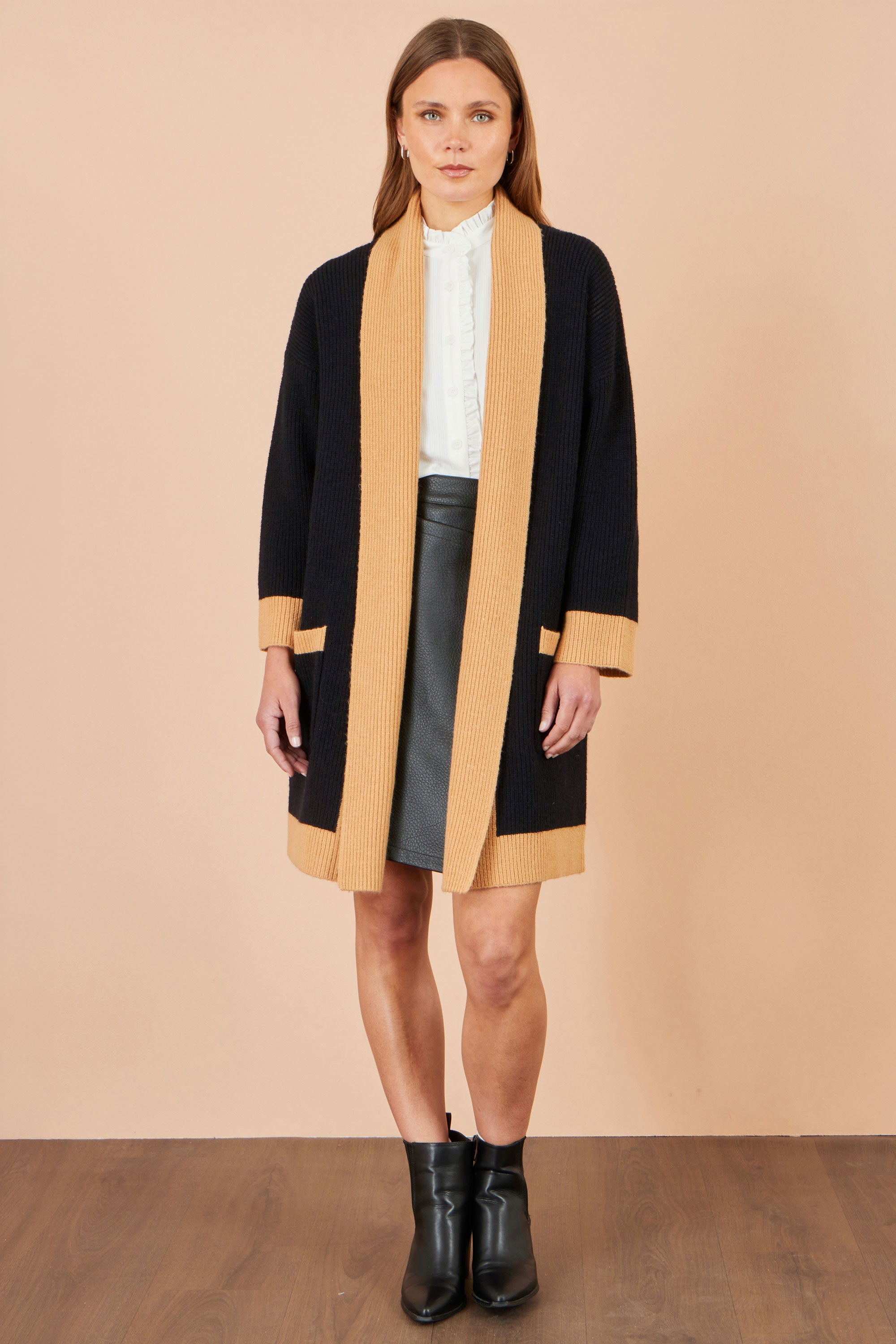 Yumi Black Open Cardigan With Contrast Border