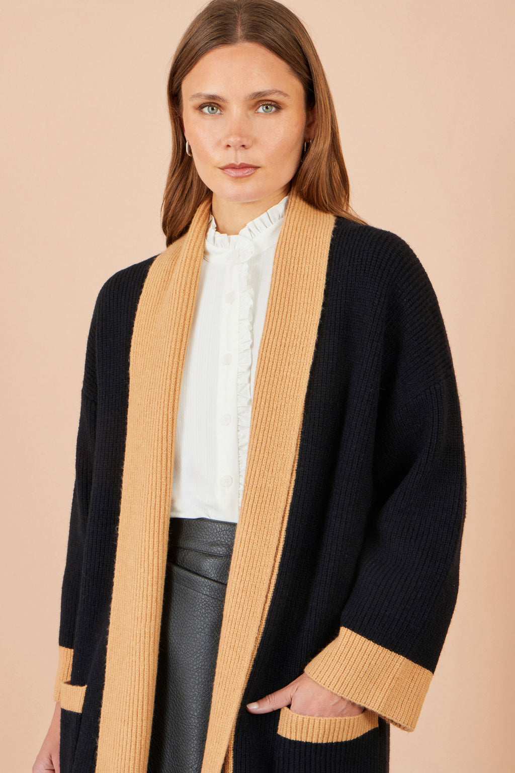 Yumi Black Open Cardigan With Contrast Border