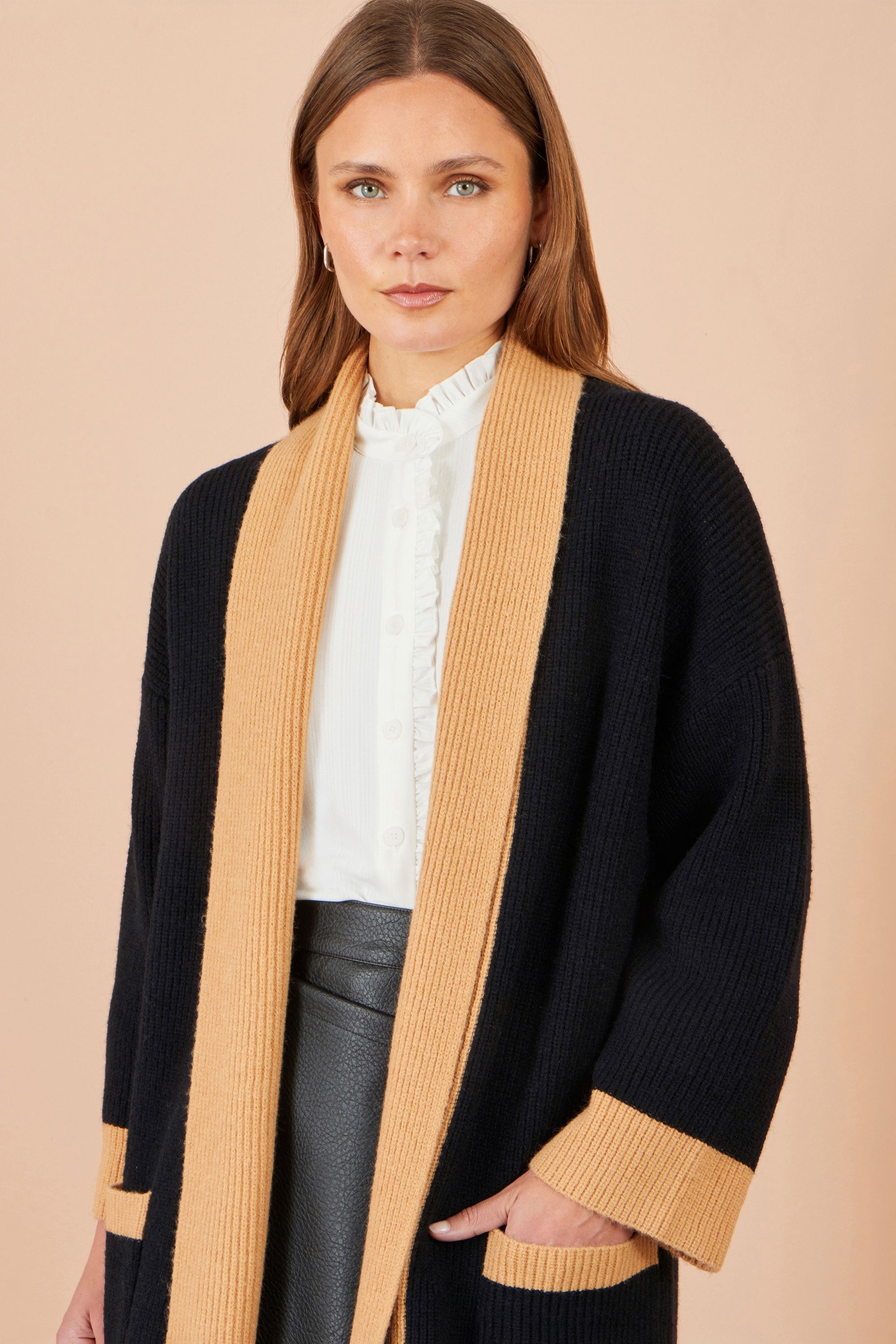 Yumi Black Open Cardigan With Contrast Border
