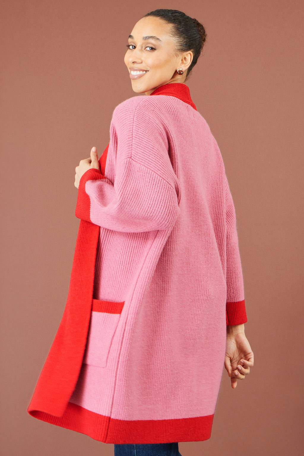 Yumi Pink Contrast Knitted Cardigan