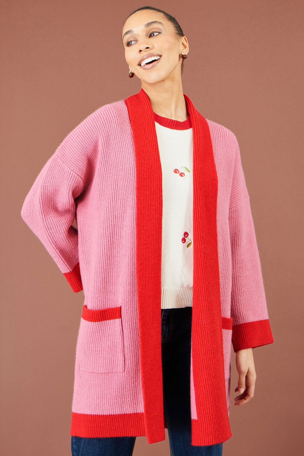 Yumi Pink Contrast Knitted Cardigan