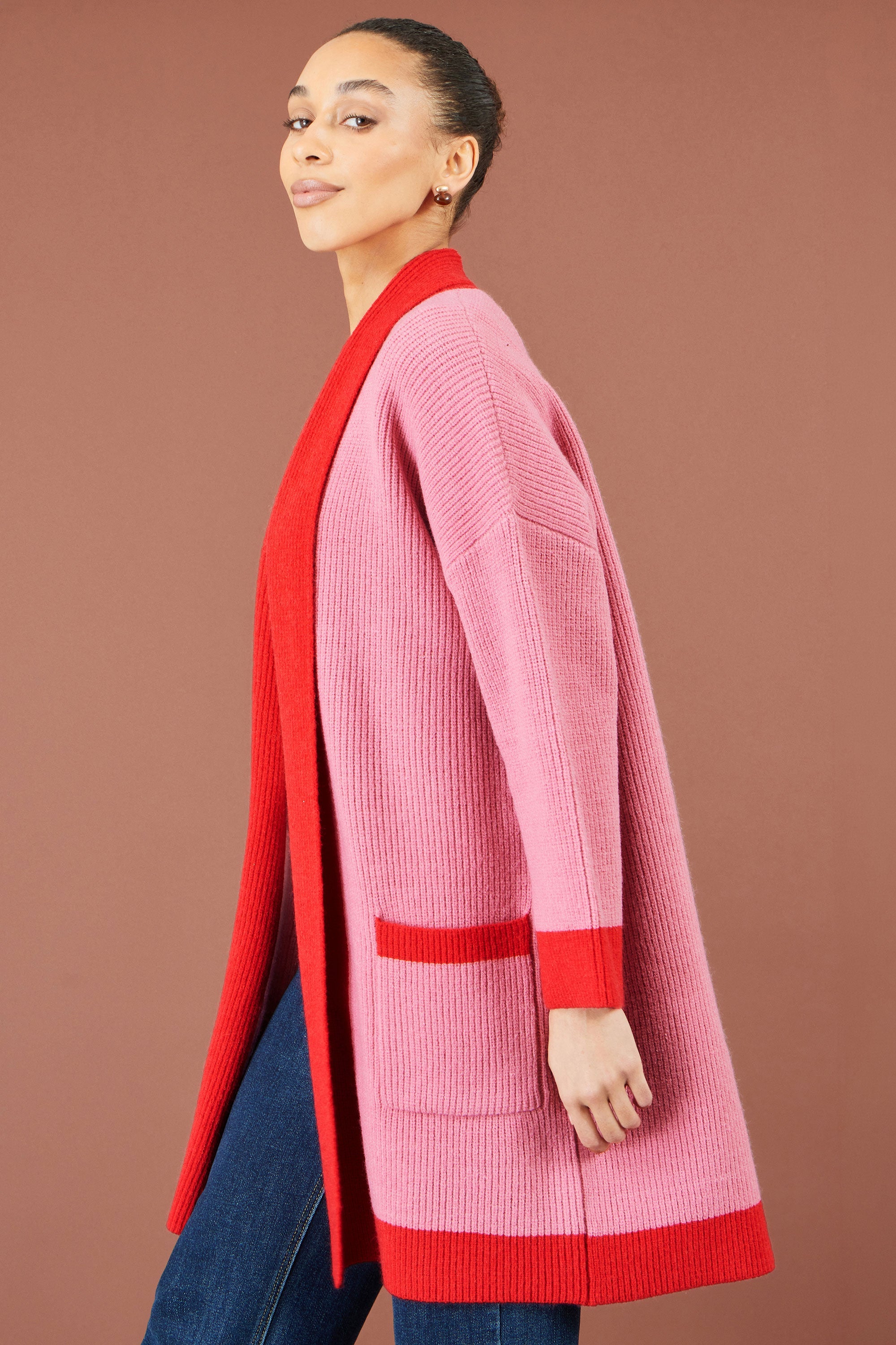 Yumi Pink Contrast Knitted Cardigan