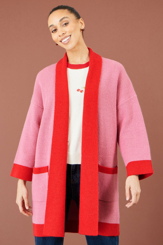 Yumi Pink Contrast Knitted Cardigan