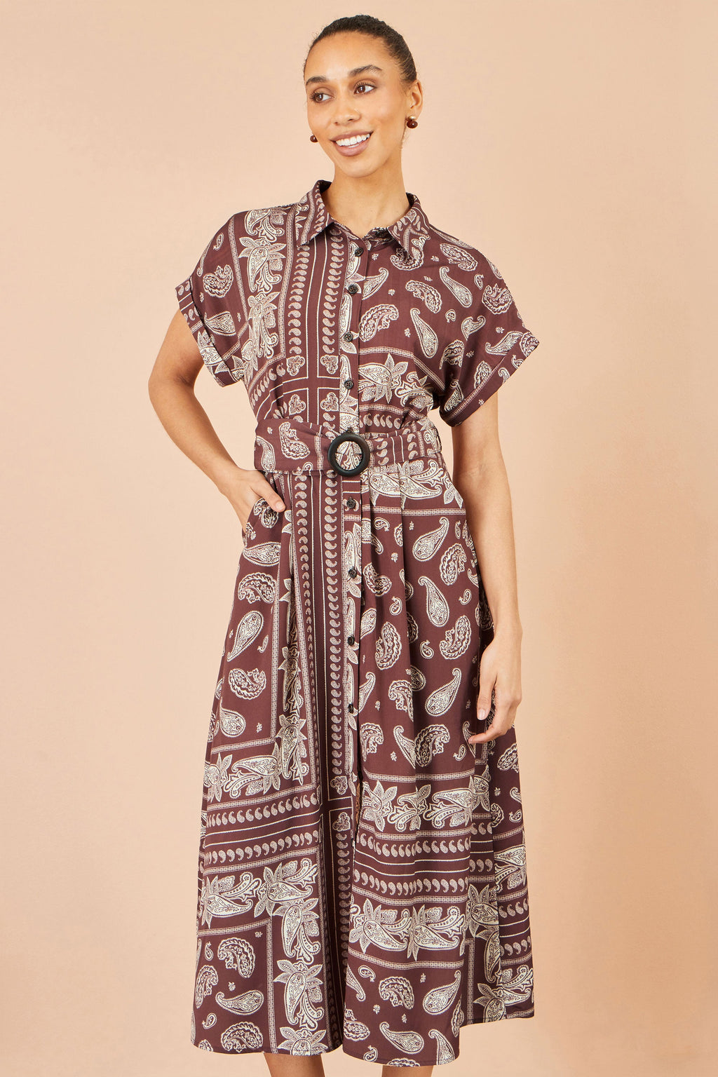 Yumi Brown Scarf Print Midi Shirt Dress