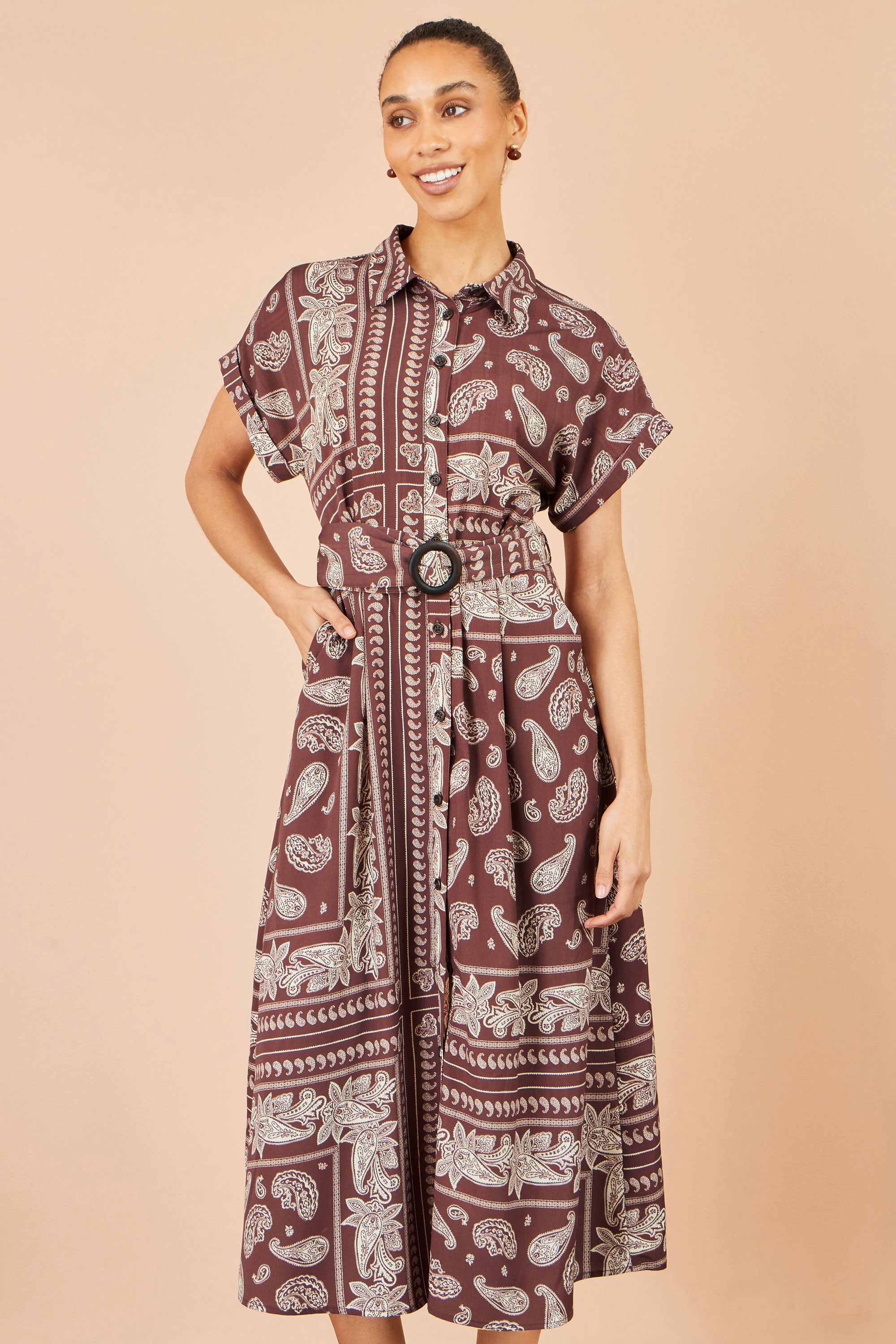 Yumi Brown Scarf Print Midi Shirt Dress