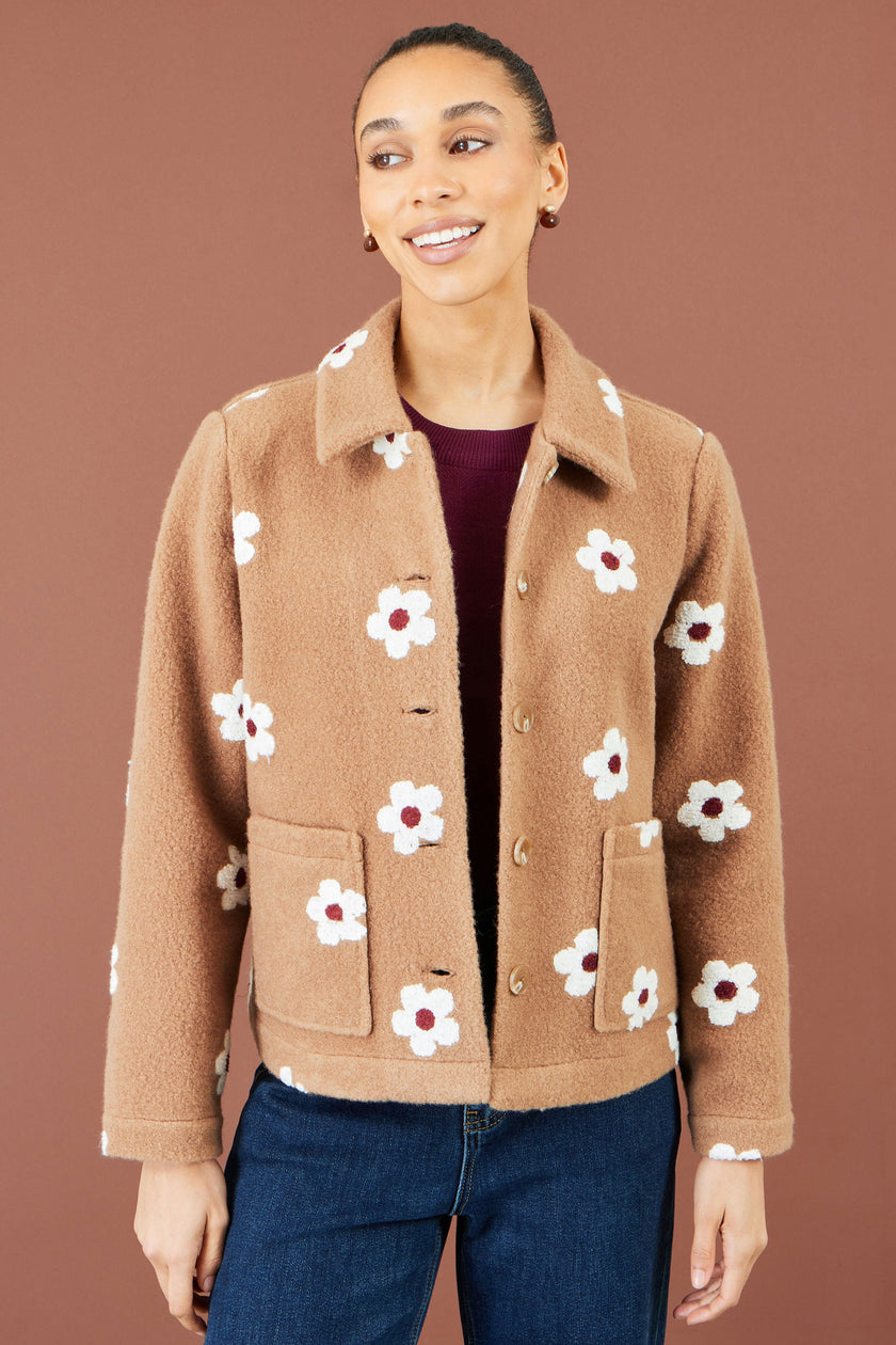 Yumi Brown fleecejakke med broderede margueritter