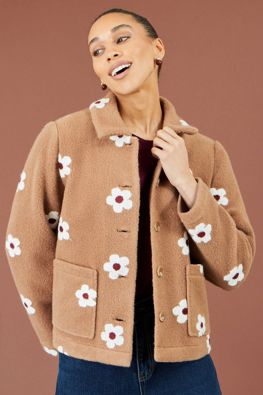 Yumi Brown fleecejakke med broderede margueritter