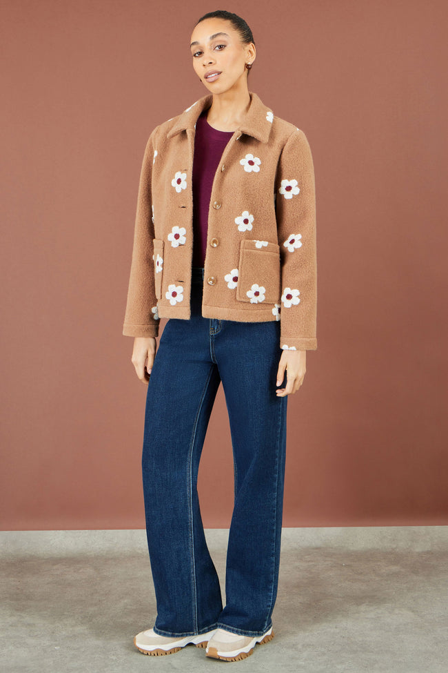 Yumi Brown Embroidered Daisy Fleece Jacket