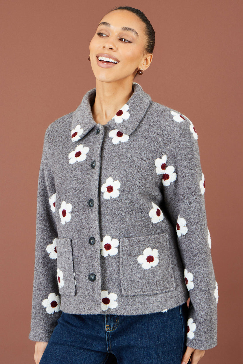 Yumi Fleecejacke mit gestickten Gänseblümchen in Grau
