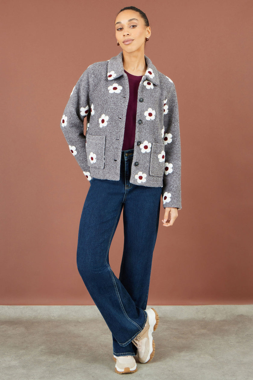 Yumi Fleecejacke mit gestickten Gänseblümchen in Grau