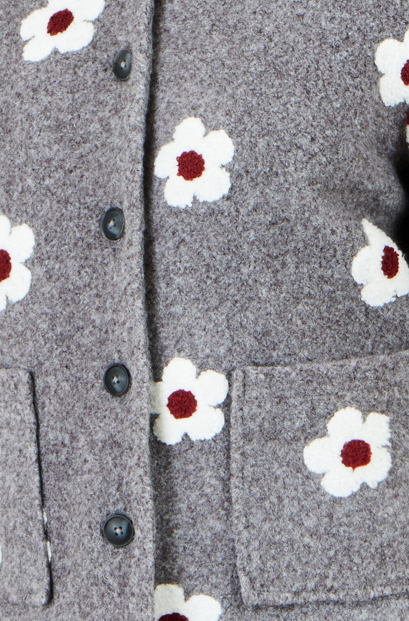 Yumi Fleecejacke mit gestickten Gänseblümchen in Grau