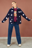 Yumi Navy Embroidered Daisy Fleece Jacket