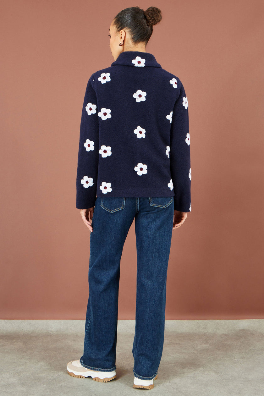 Yumi Navy Embroidered Daisy Fleece Jacket