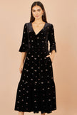 Yumi sort midi-kjole i velour med broderi