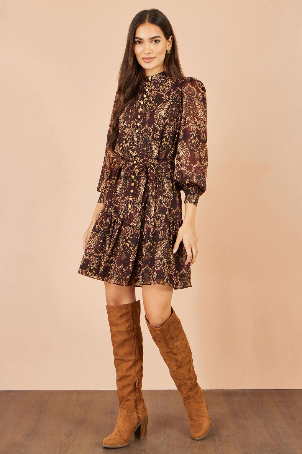 Yumi Brown Paisley Long Sleeve Shirt Dress