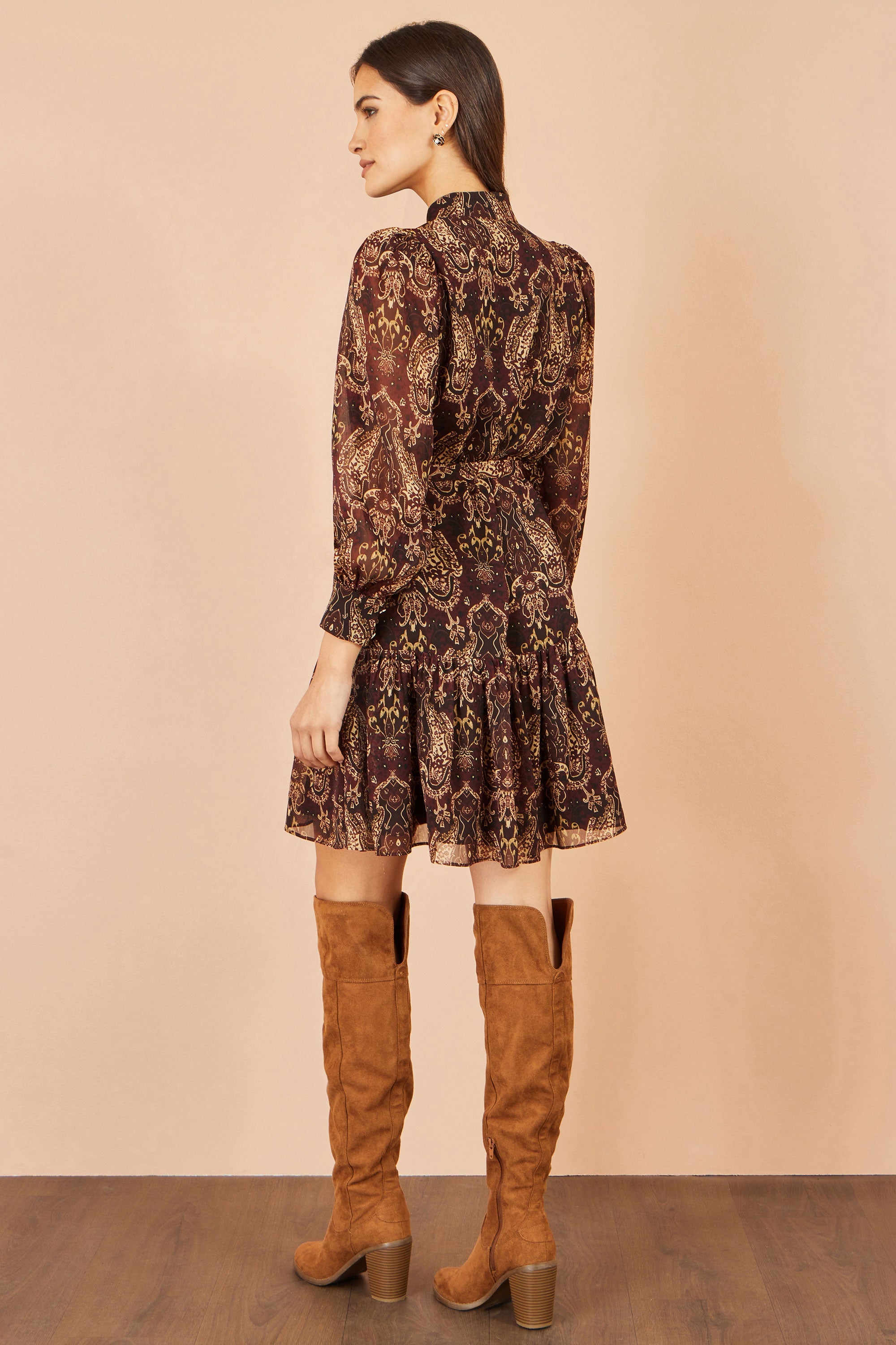 Yumi Brown Paisley Long Sleeve Shirt Dress