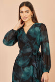 Yumi Black Floral Dipped Hem Wrap Midi Dress