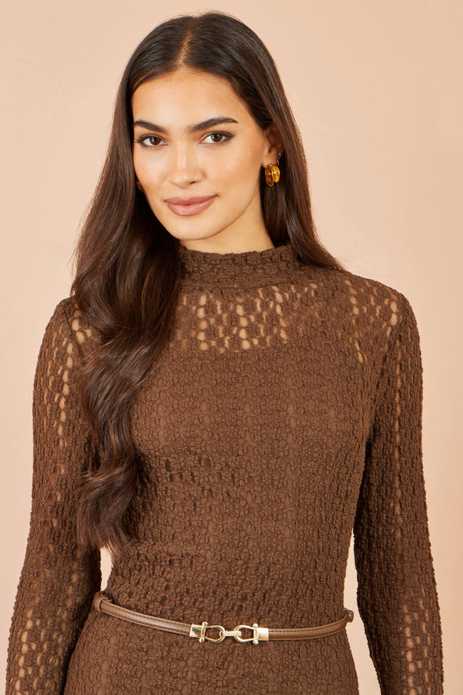 Yumi Brown High Neck Lace Midi Dress