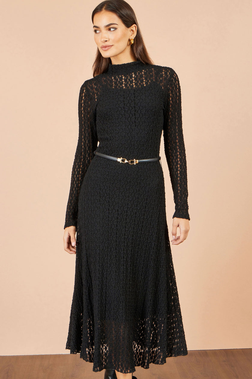 Yumi Black High Neck Lace Midi Dress
