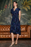 Yumi Blue Velvet Floral Wrap Midi Dress