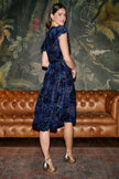 Yumi Blue Velvet Floral Wrap Midi Dress