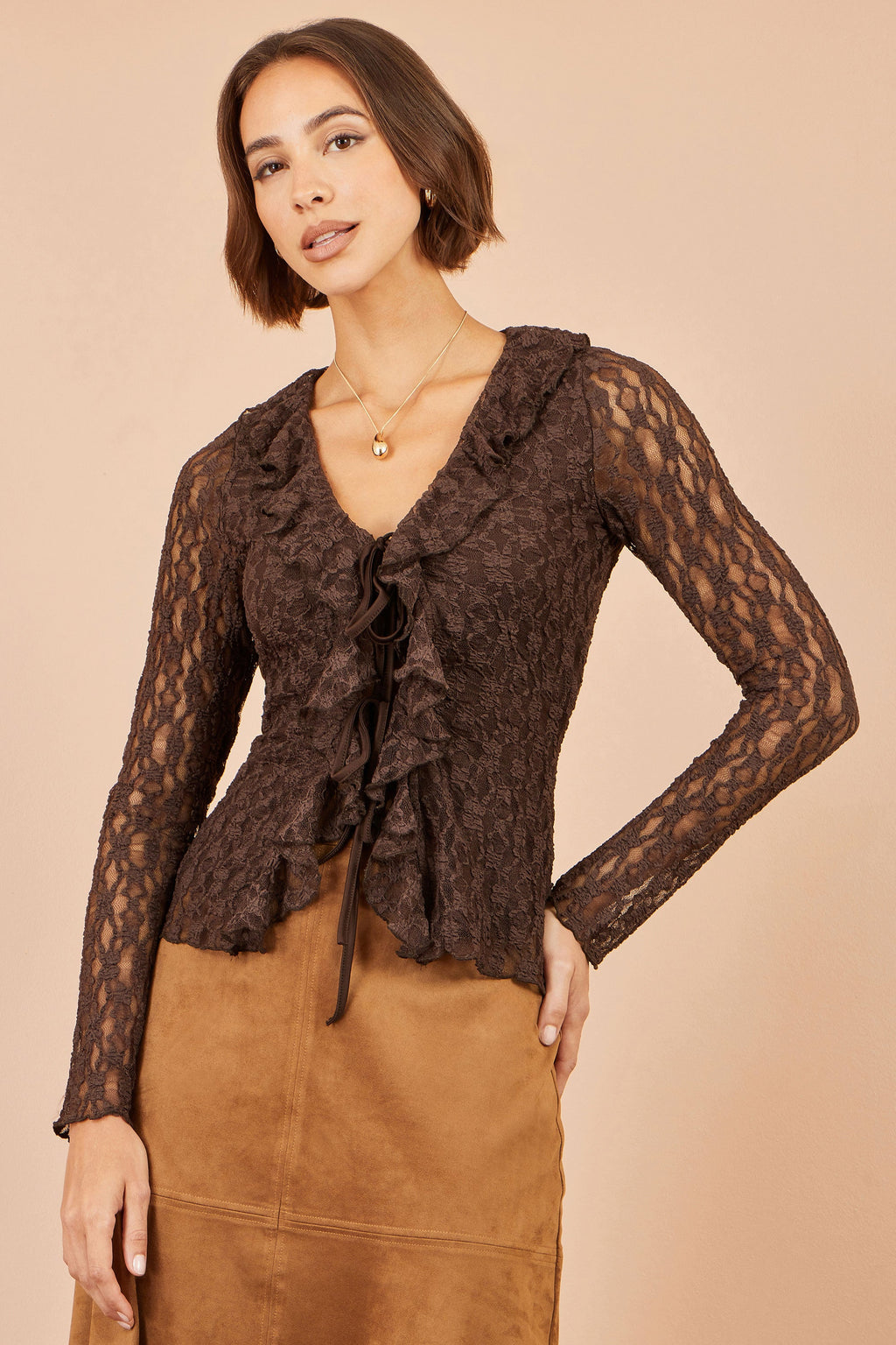 Yumi Brown Ruffle Lace Top