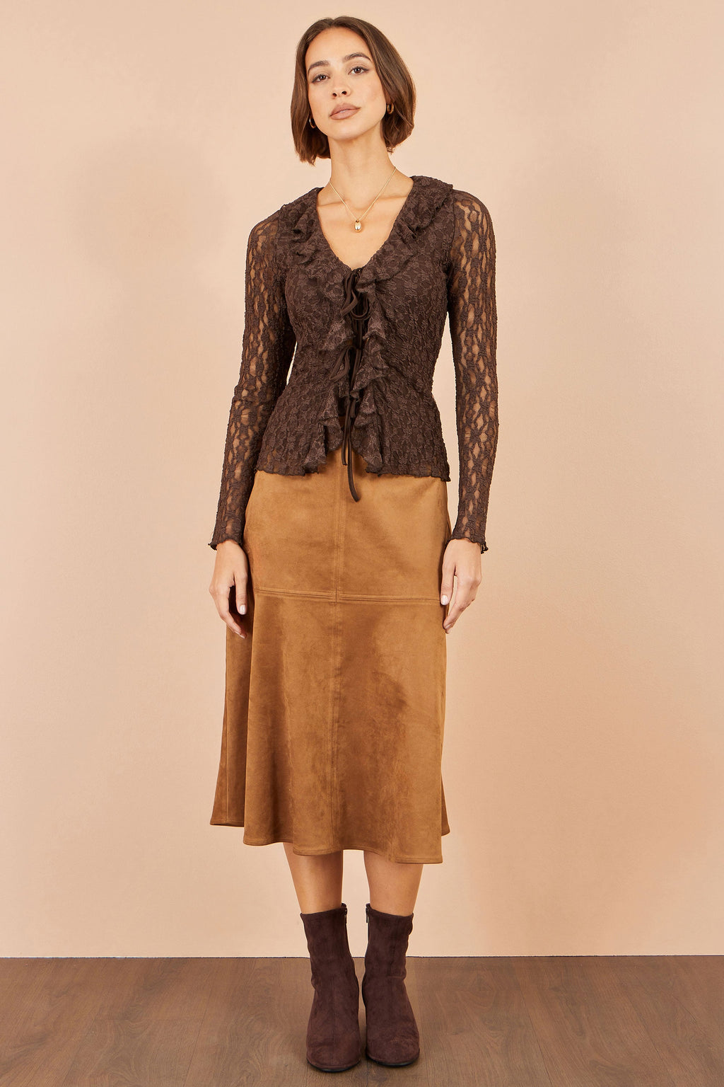 Yumi Brown Ruffle Lace Top