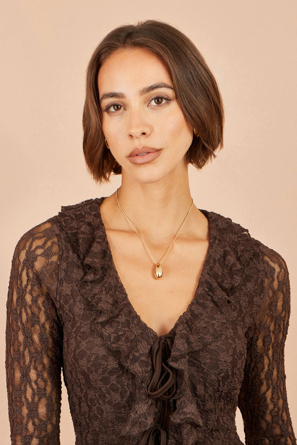 Yumi Brown Ruffle Lace Top