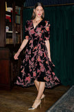 Yumi Velvet Floral Wrap Dress With Ruched Sleeves