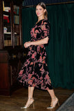 Yumi Velvet Floral Wrap Dress With Ruched Sleeves