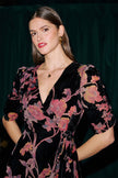 Yumi Velvet Floral Wrap Dress With Ruched Sleeves