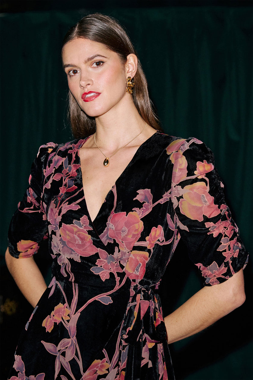 Yumi Velvet Floral Wrap Dress With Ruched Sleeves