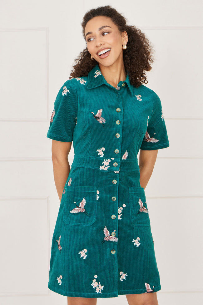 Yumi Teal Crane Embroidered Shirt Dress