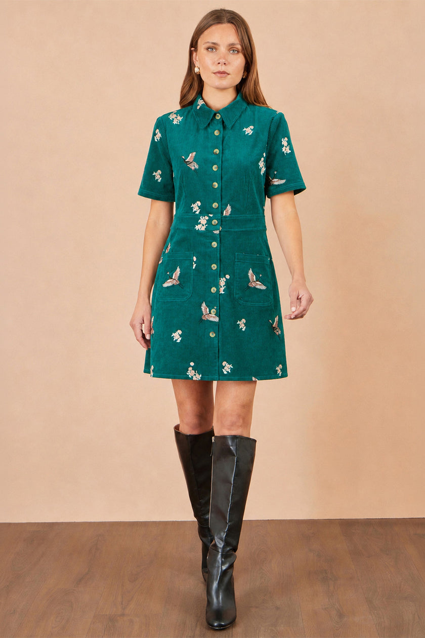 Robe chemise brodée grue sarcelle Yumi