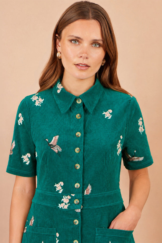 Yumi Teal Crane Embroidered Shirt Dress