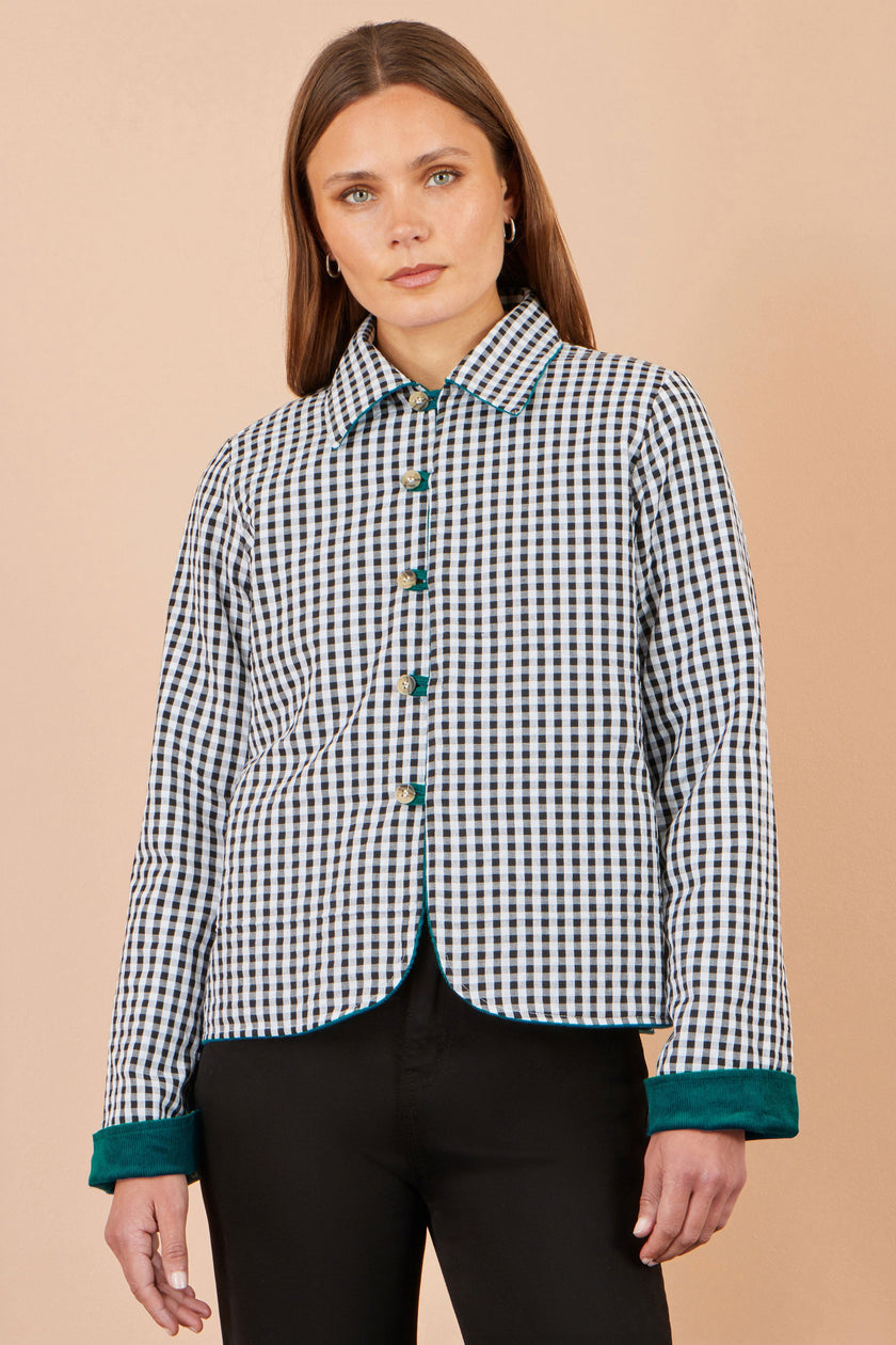 Yumi vendbar jakke i gingham med snore i blågrønne nuancer
