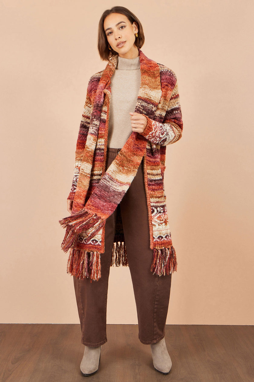 Yumi Orange Boucle Soft Long Cardigan With Scarf