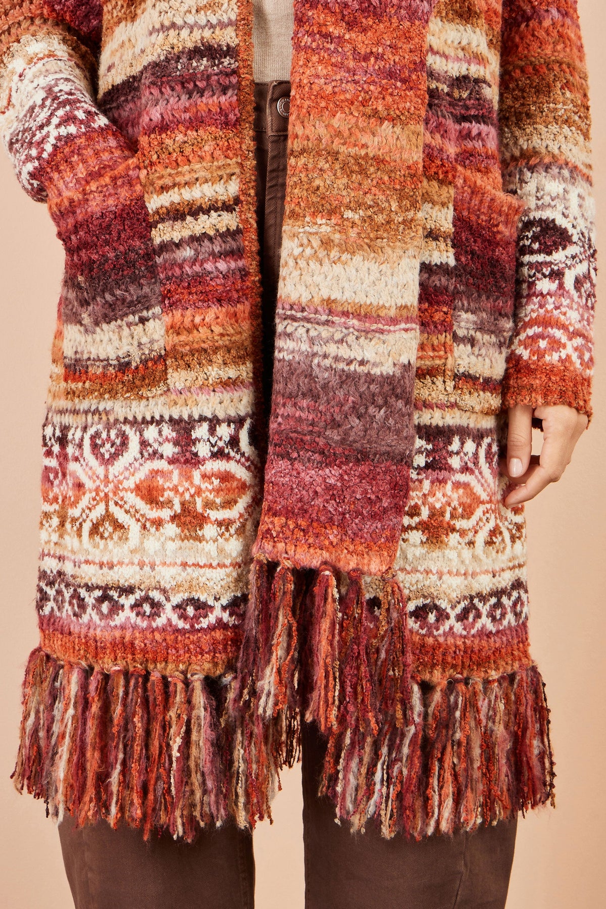 Yumi Orange Boucle Soft Long Cardigan With Scarf