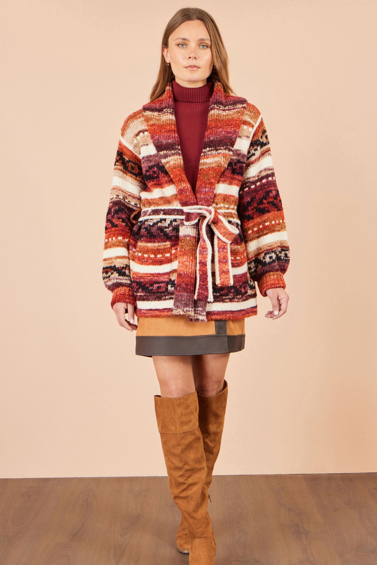 Gilet cache-cœur doux à rayures orange Yumi motif Fair Isle