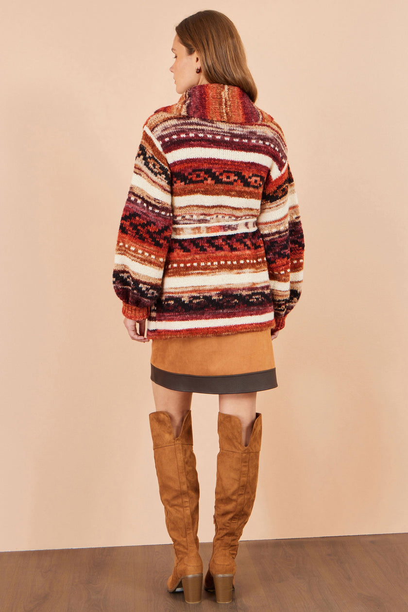 Gilet cache-cœur doux à rayures orange Yumi motif Fair Isle