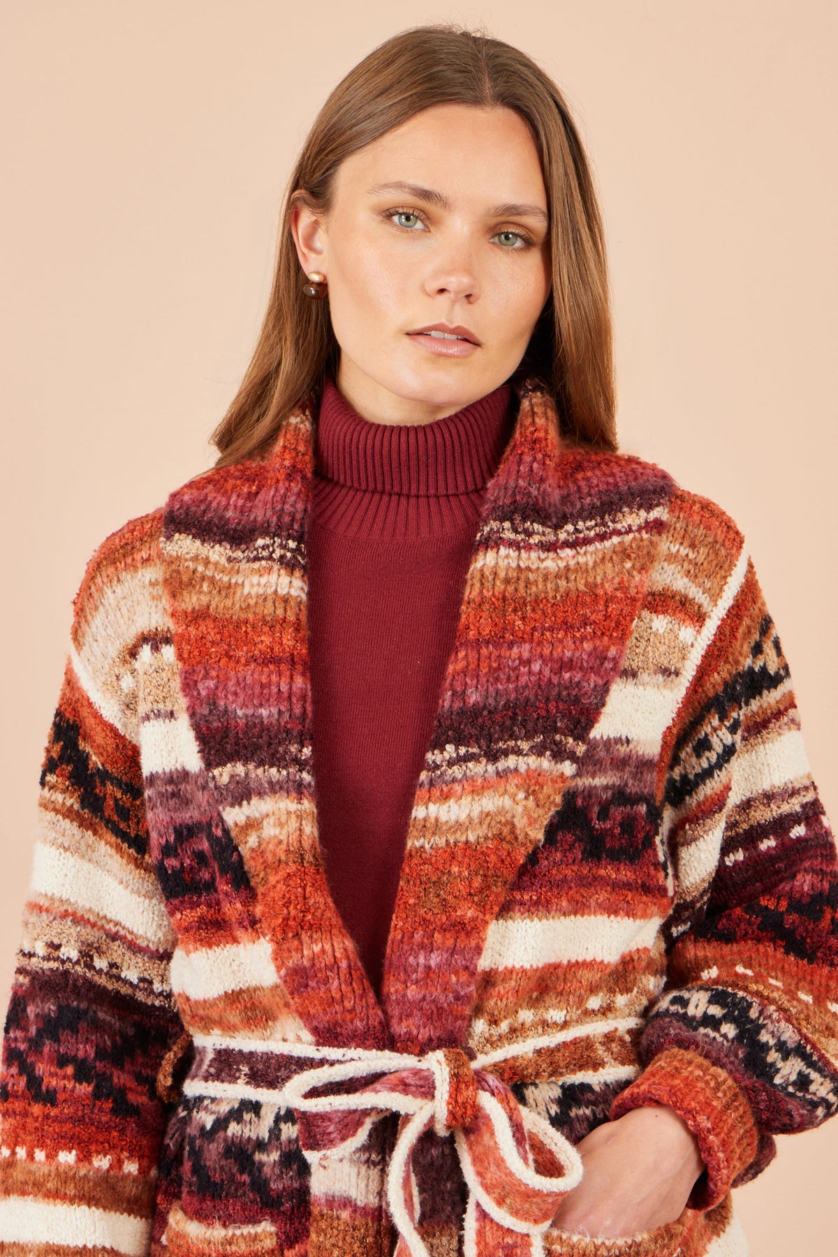 Gilet cache-cœur doux à rayures orange Yumi motif Fair Isle