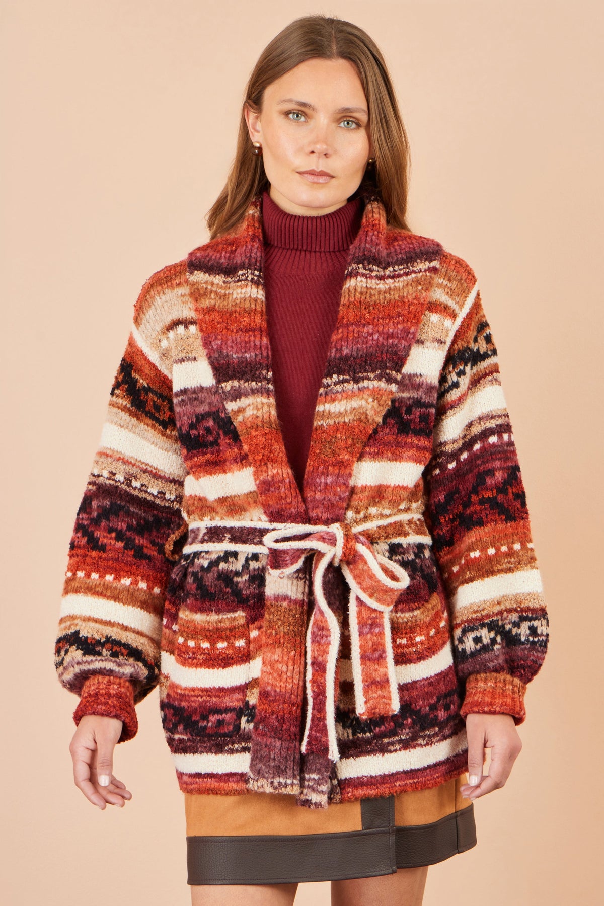 Gilet cache-cœur doux à rayures orange Yumi motif Fair Isle