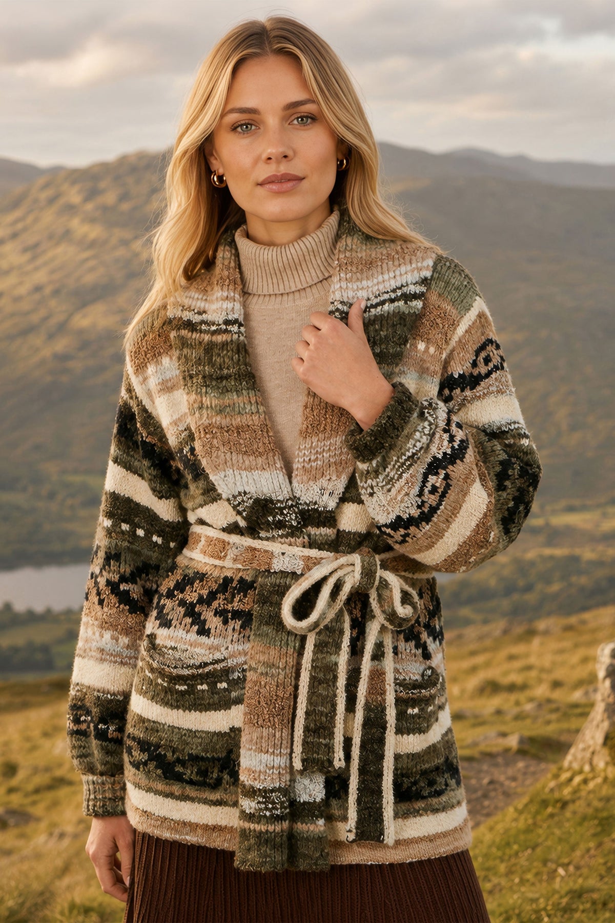 Yumi grönrandig Fairisle-kofta med omlottdesign