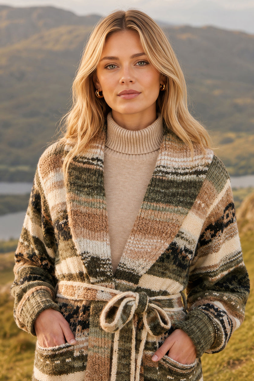 Yumi grönrandig Fairisle-kofta med omlottdesign