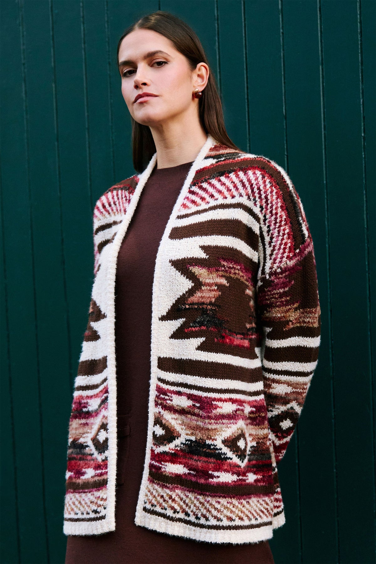 Yumi Multicolour Aztec Boucle Open Cardigan